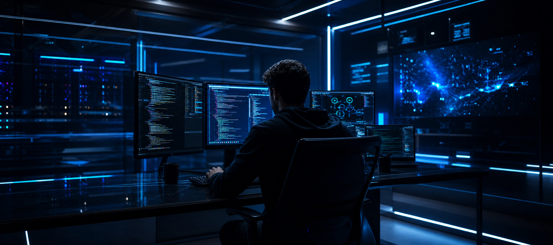 Desarrollador trabajando en una estacion tecnologica con luces azules
